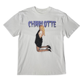A light gray short-sleeve t-shirt featuring a graphic print of a blonde woman in a black dress kneeling, with the word 'CHARLOTTE' printed above in a textured purple font.