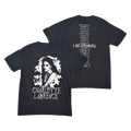 A black short-sleeve graphic T-shirt shown from both front and back on a plain white background. The front features a large white portrait graphic of a woman with the text 'CHARLOTTE LAWRENCE' below.