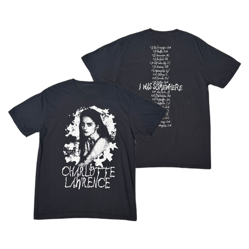 A black short-sleeve graphic T-shirt shown from both front and back on a plain white background. The front features a large white portrait graphic of a woman with the text 'CHARLOTTE LAWRENCE' below.