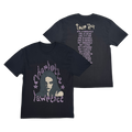 Two black short-sleeve T-shirts shown on a white background, with the front and back views overlapping. The front shirt features a large graphic of a woman's face with the words 'Charlotte Lawrence' in a purple stylized font.